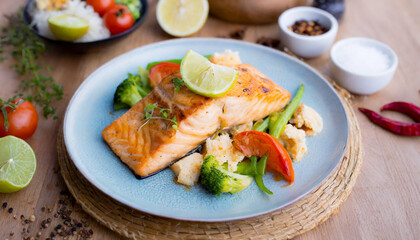 Fototapeta na wymiar Healthy Food Photography - Grilled Salmon with Steamed Vegetables