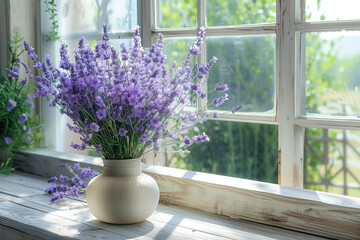 Elegant bouquet of fresh lavender flowers on a white windowsill near the window