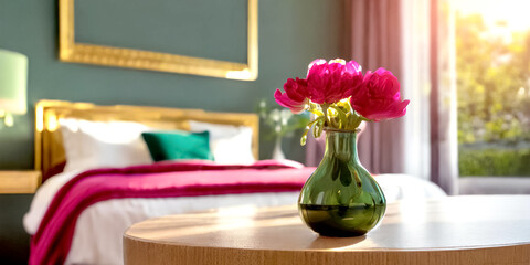 Im Vordergrund ein Tisch, im Hintergrund ein Schlafzimmer  in rosa, grün 