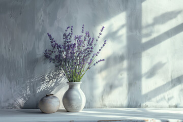 Elegant bouquet and minimalistic composition of fresh lavender flowers on a white table with side...