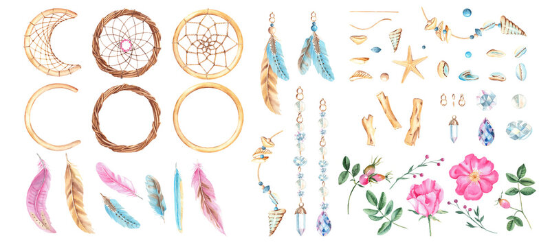 Watercolor hand drawn dream catcher big set with feathers, strings, beads, small sea shells and stones, crystals and dog rose flowers and branches. Design elements isolated on white background.