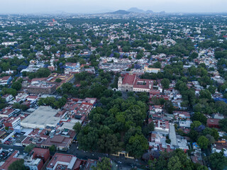 Aerial images of the Coyoacan neighborhood in CDMX, springtime when the jacarandas bloom