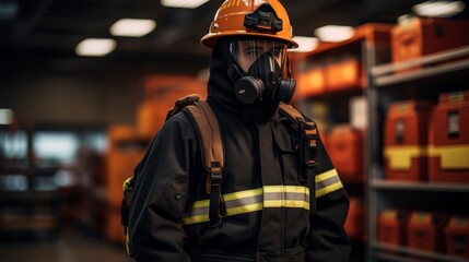 Man Wearing Firemans Helmet and Gas Mask
