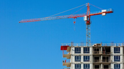 Crane and uncompleted building on construction site with blue sky background for text