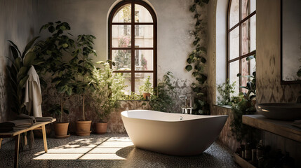 A bathroom with a large bathtub and a window with plants. The plants are in pots and the bathroom has a modern design - obrazy, fototapety, plakaty