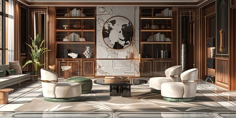 Interior design of a luxurious living room with large wooden bookcase with central marble picture, table and white armchairs.