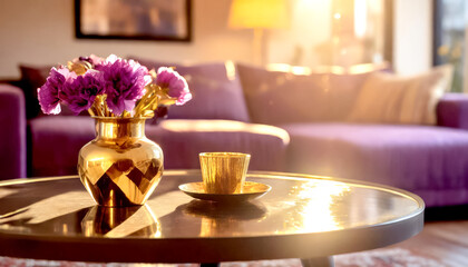 Im Vordergrund ein Tisch, im Hintergrunde in Wohnzimmer  in lila und Goldtönen 