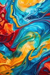 Abstract acrylic paint ink, painted waves. Colorful background with a colors of teal, blue, red, green and yellow. Vibrant and saturated colors