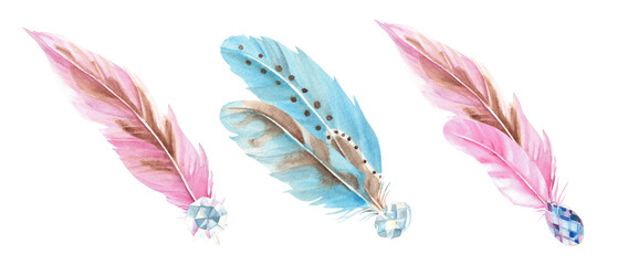 Watercolor compositions set from pale pink and blue feathers and crystals isolated on white background. Hand drawn illustration. Design element for decoration, dream catcher, cards and textile prints.
