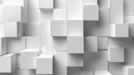 A visually striking arrangement of white cube boxes, each carefully shifted to create an abstract, three-dimensional pattern that serves as a dynamic and elegant background.