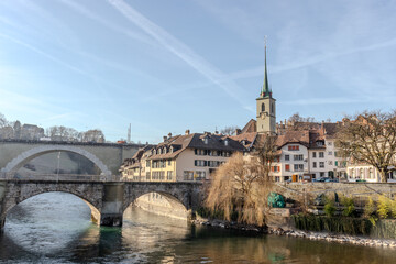 Fototapeta na wymiar Bern old town cityscape with old buildings Bern Nydegg church and Aare river view, Bern is capital of Switzerland