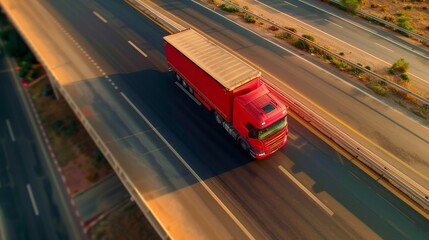 Aerial view of car and truck driving on highway through lush green forest scenery