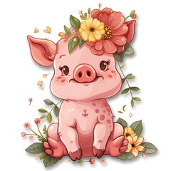 Spring�s Smile: Pink Piglet and Smiling Flower, Animated Sticker for Spreading Happiness and Fresh, Blossoming Friendships