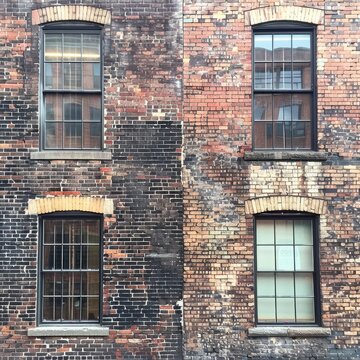 A Red Fire Hydrant Sitting In Front Of A Tall Brick Building With Two Windows On Each Side Of It.