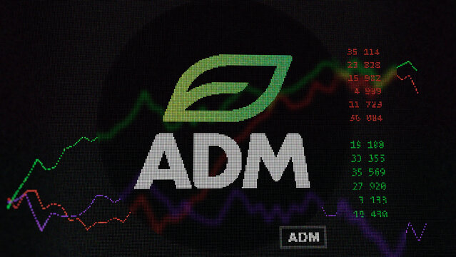 ADM on the screen of an exchange. ADM price stocks, $ADM on a device, Chicago, Illinois. Close up on logo.