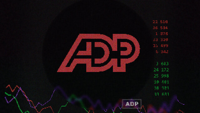 March 19th 2024 , Roseland, New Jersey. Close up on logo of ADP on the screen of an exchange. ADP price stocks, $ADP on a device.
