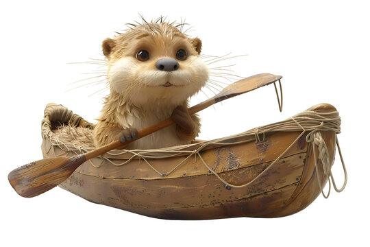 A 3D animated cartoon render of a playful otter holding a paddle in a canoe.