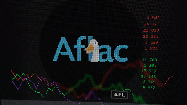 March 19th 2024 , Columbus, Georgia. Close up on logo of Aflac on the screen of an exchange. Aflac price stocks, $AFL on a device.