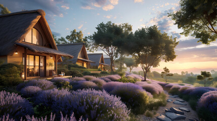 A photorealistic rendering of the exterior view from an ecofriendly village with thatched roof houses, surrounded by lavender fields and orchards under soft evening light. 