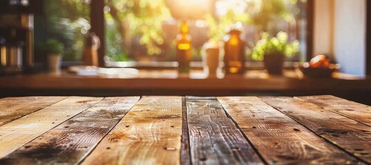 Minimalist wooden table on blurred kitchen bench background, creating a serene setting