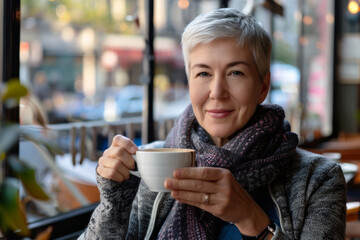 Portrait of a senior woman with cup of coffee in a cafe - 762719707