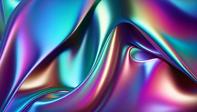 Holographic silk background. abstract iridescent gradient background. Abstract fluid iridescent holographic metalic shiny curved wave in motion colorful background 3d render.  Ai generated image