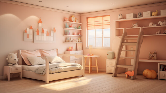 Light peach color Childs bedroom with bed, desk, shelves, ladder in a building