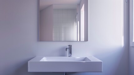 Fototapeta na wymiar Minimalist Bathroom with Frameless Mirror Above White Sink - Standard Lens