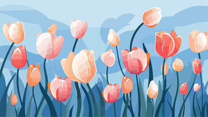 Abstract floral illustration with tulips on blue ba