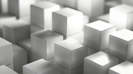 In this image, an artistic and modern arrangement of randomly shifted white cube boxes forms a...