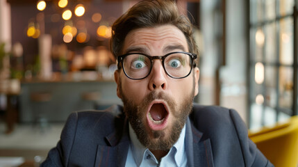A man with glasses and a beard is wearing a blue suit and tie. He has his mouth open and is looking surprised. surprised businessman - obrazy, fototapety, plakaty