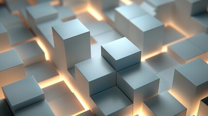 In this image, an artistic and modern arrangement of randomly shifted white cube boxes forms a...