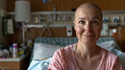 Obraz premium Smiling bald cancer patient in hospital bed, space for text placement for a compassionate message