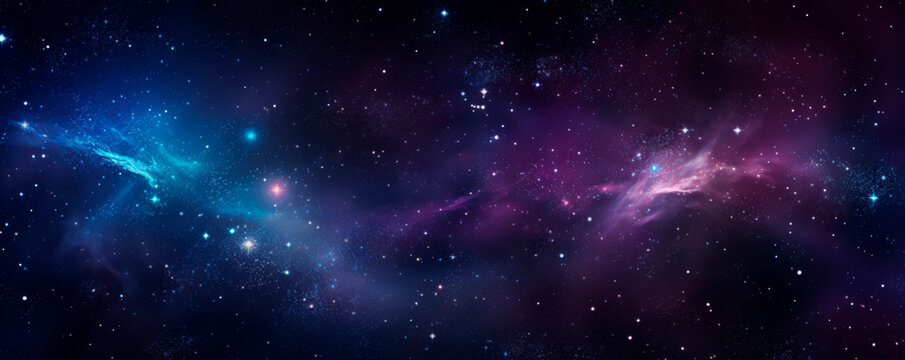 The vast expanse of space is teeming with countless stars and swirling cosmic dust particles. The stars twinkle against a backdrop of darkness, while the dust clouds. Banner. Copy space