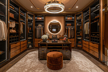 A luxury walk-in closet with custom cabinetry and lighting. The room is organized with dedicated spaces for shoes, handbags, and clothes. - obrazy, fototapety, plakaty