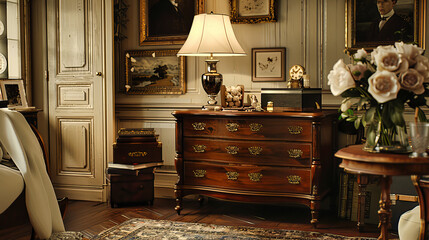 Vintage Room with Antique Furniture, Classic Interior Design, Elegant and Timeless Home Decor