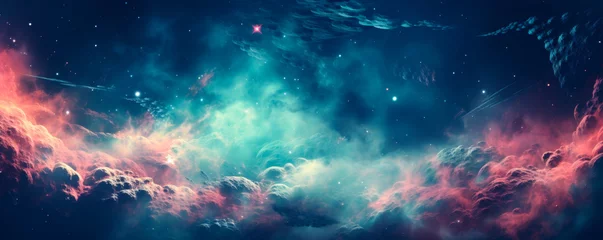 Papier Peint photo Univers A vibrant space featuring an array of colorful clouds and twinkling stars scattered across the sky. A snapshot of the galaxy. Milky Way. Banner. Copy space