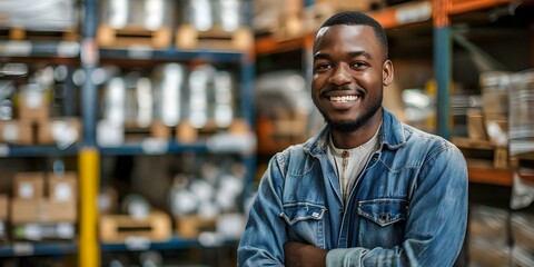 Happy warehouse worker posing in front of shelves and forklift at distribution center. Concept Workplace Photography, Industrial Setting, Employee Portraits, Warehouse Environment