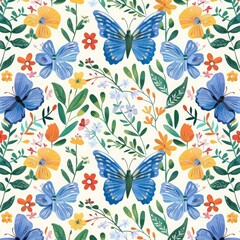 Fototapeta na wymiar A seamless pattern of colorful flowers and butterflies, with leaves in various shades of green against a white background