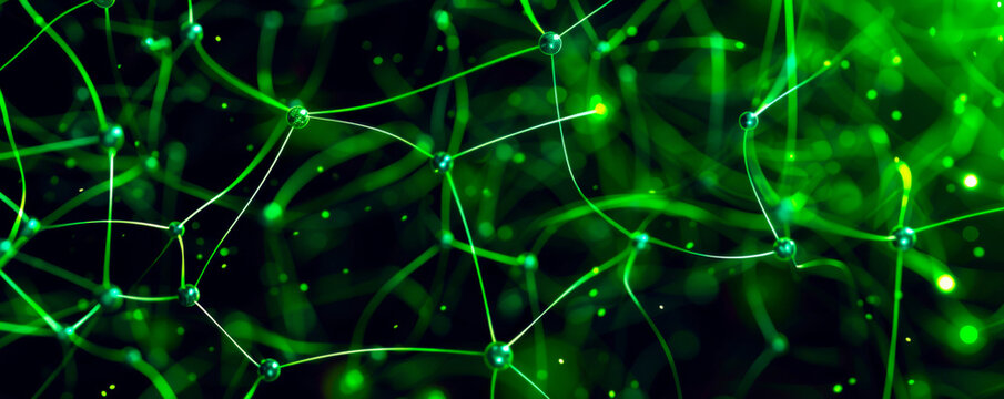A detailed view of numerous green wires intricately intertwined and hanging together. Biological process in the body. Banner. Copy space