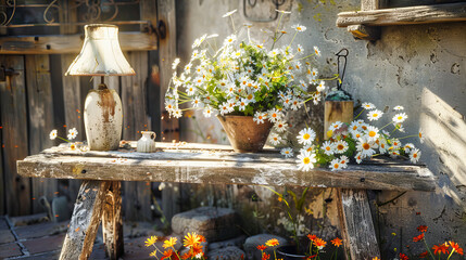 Summer Blossoms on Rustic Wooden Table, Bright and Colorful Floral Arrangement, Beauty of Nature Indoors