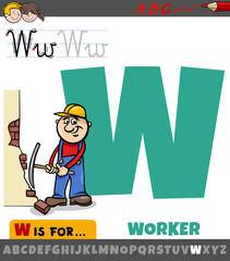 letter W from alphabet with cartoon worker character