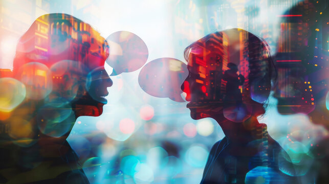 Futuristic double exposure of a man and woman