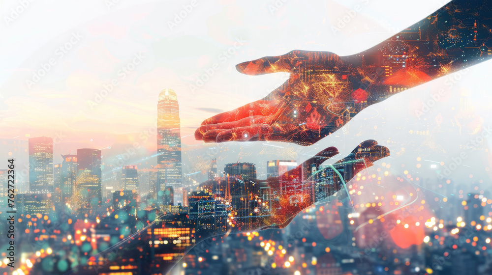 Wall mural futuristic cityscape and handshake concept