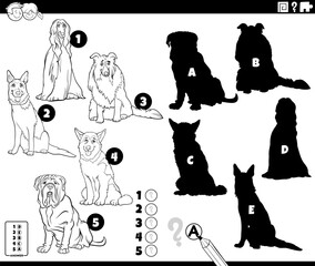 finding shadows activity with cartoon purebred dogs coloring page