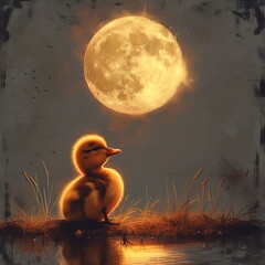 Nighttime Serenity: Animated Yellow Duckling and Glowing Moon Sticker, Perfect for Dreamy and Peaceful Digital Messages