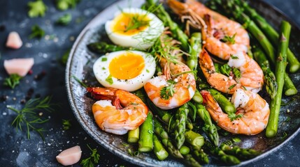 a plate of shrimp, asparagus, and eggs on a black plate on a blue surface with a sprig of parsley.