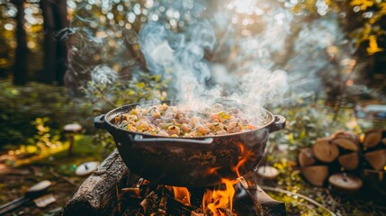 a pot filled with food sitting on top of a fire in the middle of a forest next to a pile of logs.