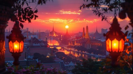 Wat phra keaw at sunset with the grand palace