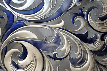 A luxury wallpaper pattern with a swirling design of platinum and sapphire, creating an abstract motif that is both modern and opulent - obrazy, fototapety, plakaty